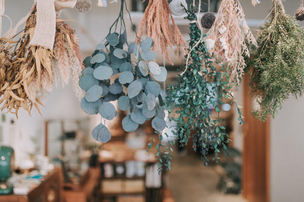 Dried flowers hanging on the wall